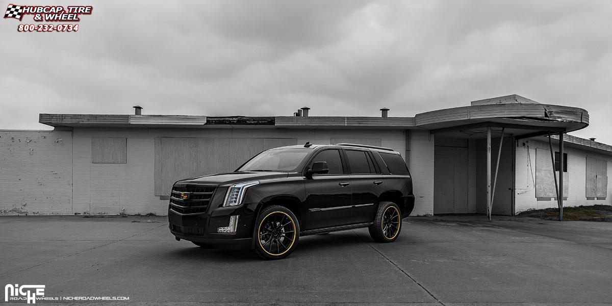 vehicle gallery/cadillac escalade niche ascari 24x10  Gloss Black w/ Gold Outer wheels and rims