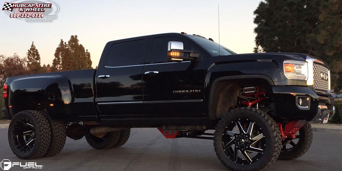 vehicle gallery/gmc sierra 3500 hd fuel renegade dually front d265 24X8  Gloss Black & Milled wheels and rims