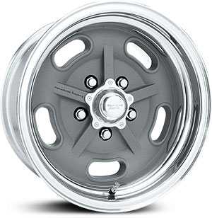 18x9.5 American Racing Hot Rod VN470 Salt Flat Special Gray Center / Polished Rim MID