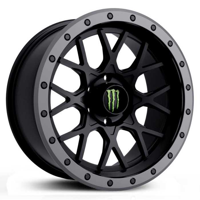 17x8.5 Monster Energy 649BA Satin Black with Anthracite Grey Beadlock-Style Lip & Green Monster M-Claw Cap RWD