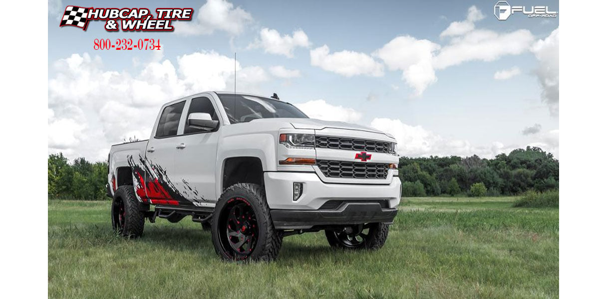 vehicle gallery/2018 chevrolet silverado 1500 fuel d638 vortex gloss black candy red accents 22x12 custom aftermarket truck  Gloss Black w/ Candy Red Accents wheels and rims