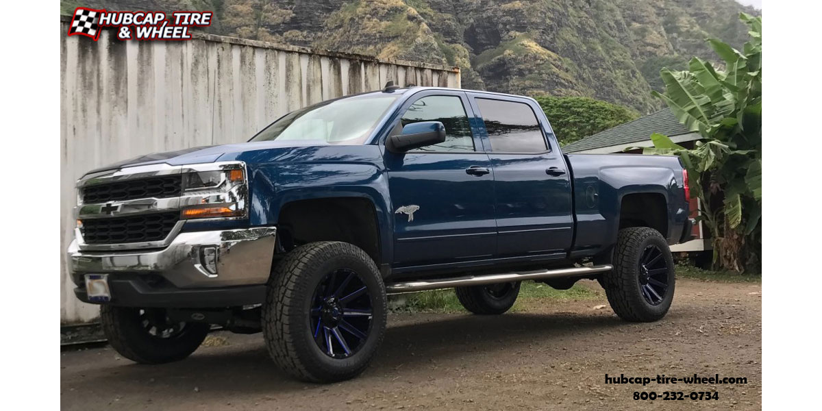 vehicle gallery/2018 chevrolet silverado 1500 fuel d644 contra gloss black candy blue accents 20x10 custom aftermarket truck  Gloss Black w/ Candy Blue Accents wheels and rims