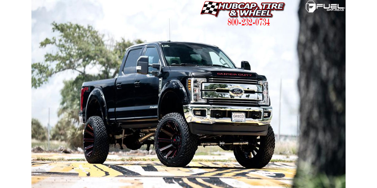 vehicle gallery/2018 ford f 250 super duty fuel d643 contra gloss black candy red accents 24x14 custom aftermarket truck  Gloss Black w/ Candy Red Accents wheels and rims