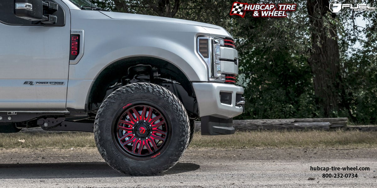 vehicle gallery/2018 ford f 250 super duty fuel d663 ignite gloss black candy red accents 20x9 custom aftermarket truck  Gloss Black w/ Candy Red Accents wheels and rims