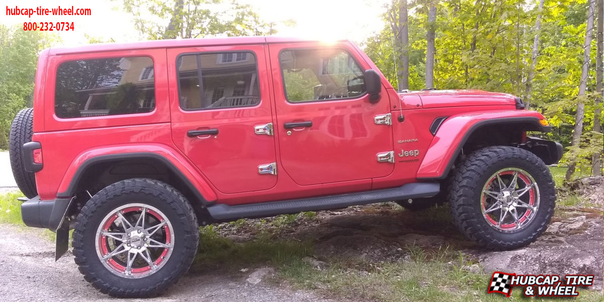 vehicle gallery/2018 jeep wrangler sahara mo993 hydra chrome red ring 20x9 custom aftermarket truck  Chrome w/ Red Ring wheels and rims