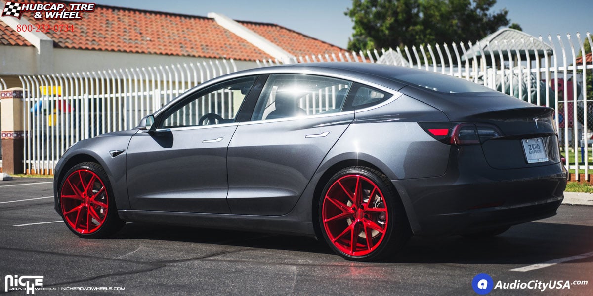 vehicle gallery/2018 tesla model 3 niche m186 misano candy red 20x9 custom aftermarket  Candy Red wheels and rims