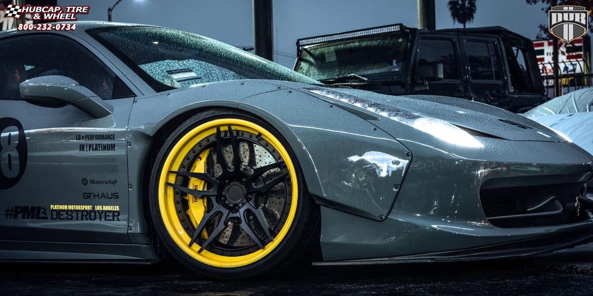 vehicle gallery/ferrari 458 dub xa40 attack 5 20X9 Matte Black | Gloss Yellow Lip wheels and rims