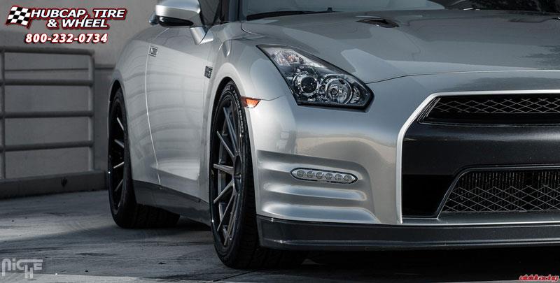 vehicle gallery/nissan gt r niche agile 21x10  Brushed Double Dark Tint | Gloss Black wheels and rims