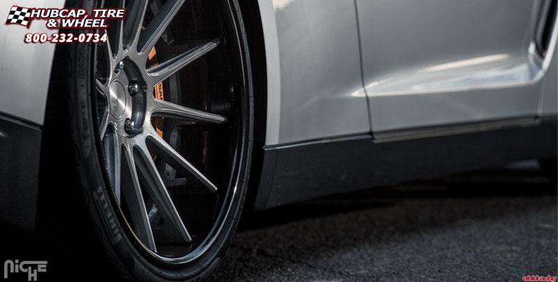 vehicle gallery/nissan gt r niche agile 21x10  Brushed Double Dark Tint | Gloss Black wheels and rims