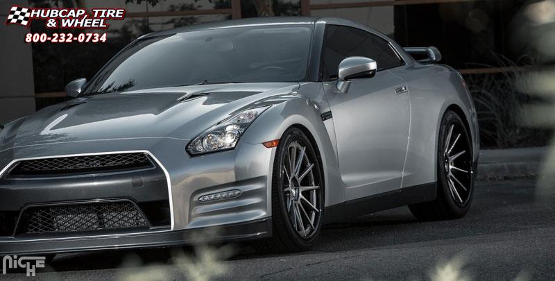 vehicle gallery/nissan gt r niche agile 21x10  Brushed Double Dark Tint | Gloss Black wheels and rims