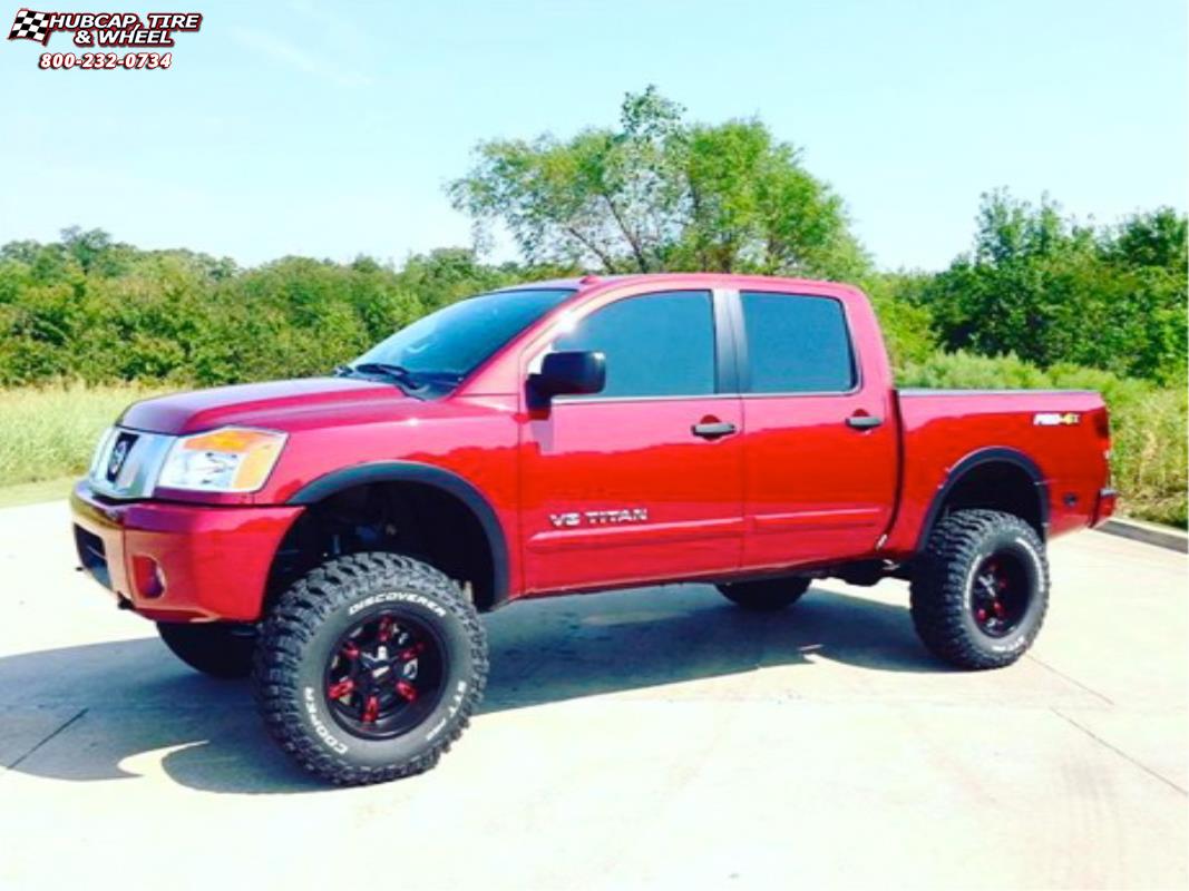 vehicle gallery/nissan titan moto metal mo969  Satin Black Red Accents wheels and rims