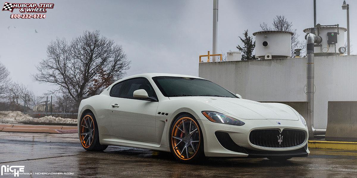 vehicle gallery/maserati quattroporte niche ibiza 21x9  Textured Gun Metal | Brushed Elevated Spokes | Trans Copper wheels and rims