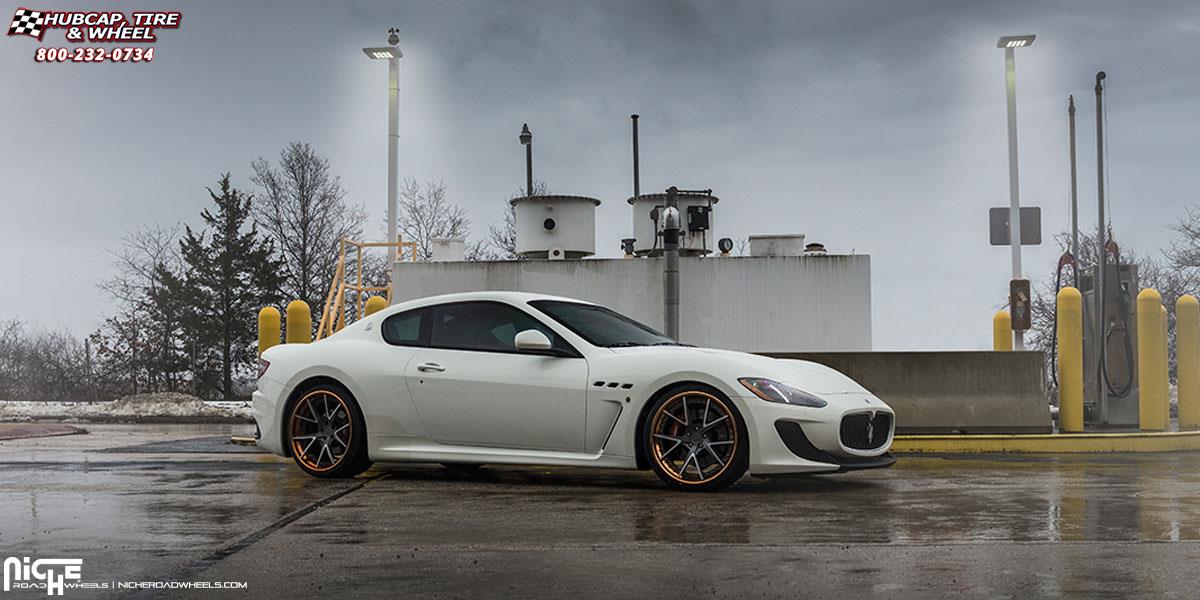 vehicle gallery/maserati quattroporte niche ibiza 21x9  Textured Gun Metal | Brushed Elevated Spokes | Trans Copper wheels and rims