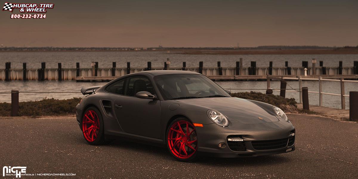 vehicle gallery/porsche 911 niche sotto 20x9  Matte Candy Red wheels and rims