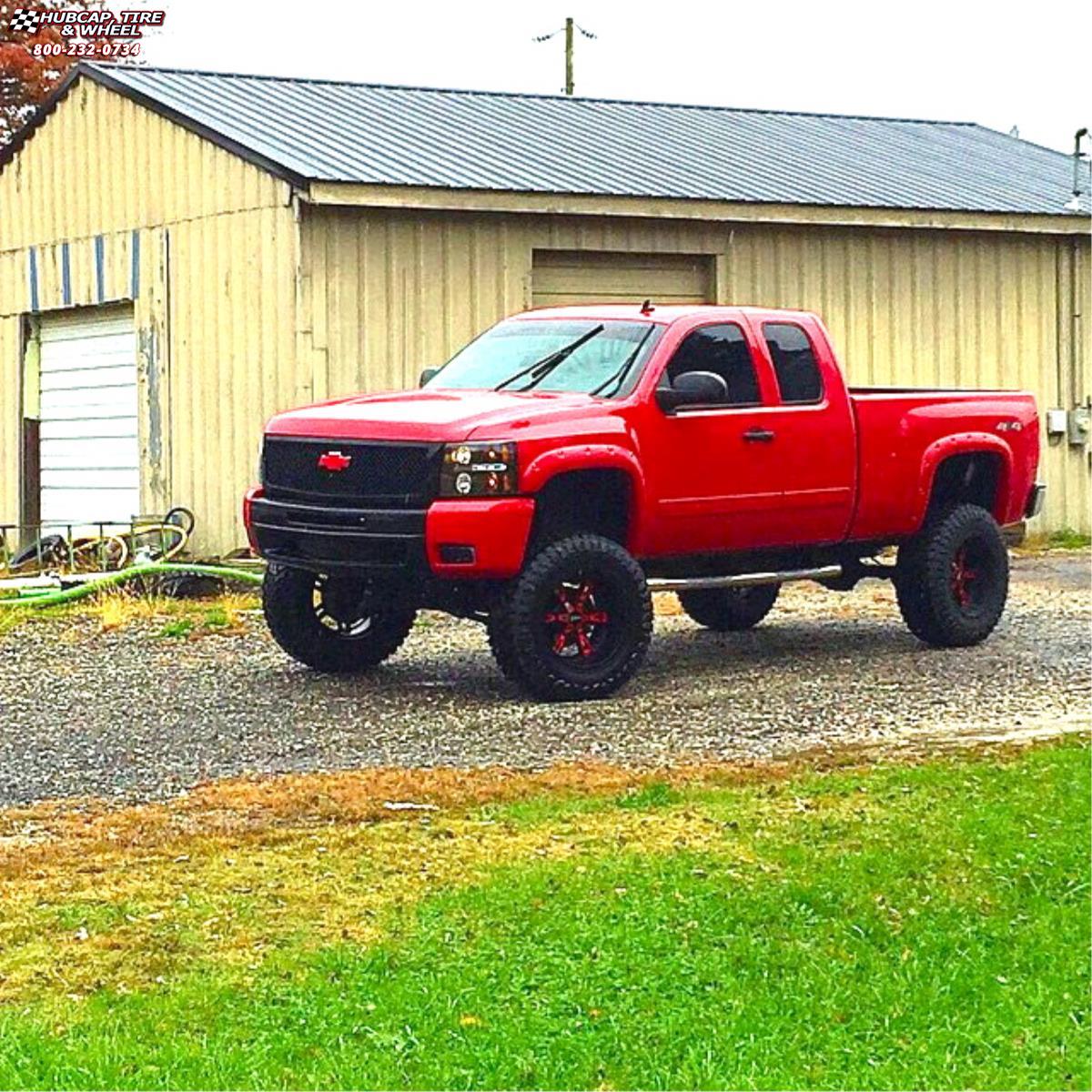 vehicle gallery/chevrolet silverado 1500 moto metal mo969  Satin Black Red Accents wheels and rims