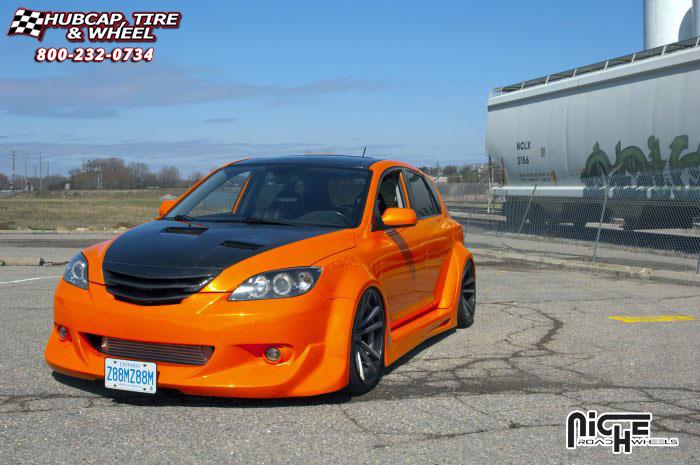 vehicle gallery/mazda 3 niche concourse  Brushed, DDT, Matte Clear, Sparkle Black Lip wheels and rims