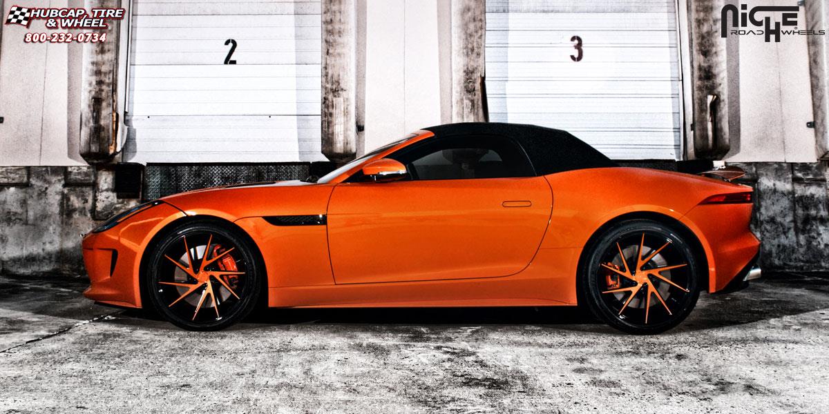 vehicle gallery/jaguar f type niche invert 20x9  Gloss black windows, gloss jaguar orange face wheels and rims