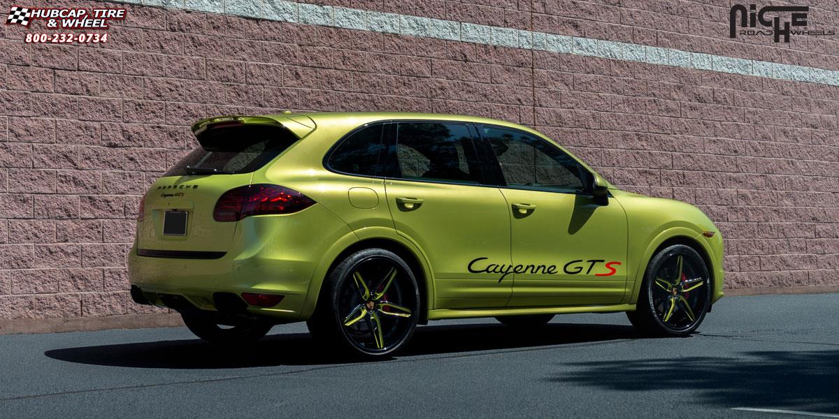 vehicle gallery/porsche cayenne gts niche spyder 22x10  Gloss Black with Lime Green Windows wheels and rims
