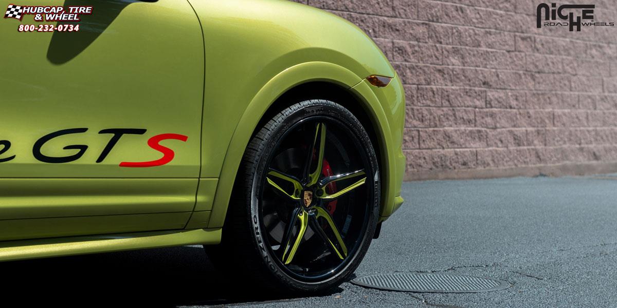 vehicle gallery/porsche cayenne gts niche spyder 22x10  Gloss Black with Lime Green Windows wheels and rims