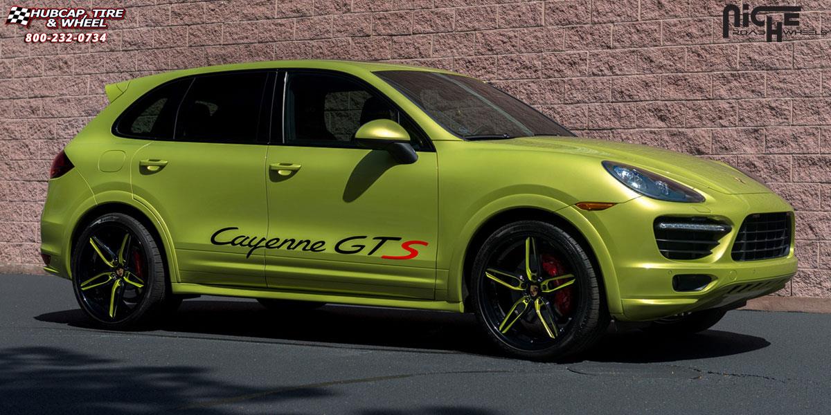 vehicle gallery/porsche cayenne gts niche spyder 22x10  Gloss Black with Lime Green Windows wheels and rims