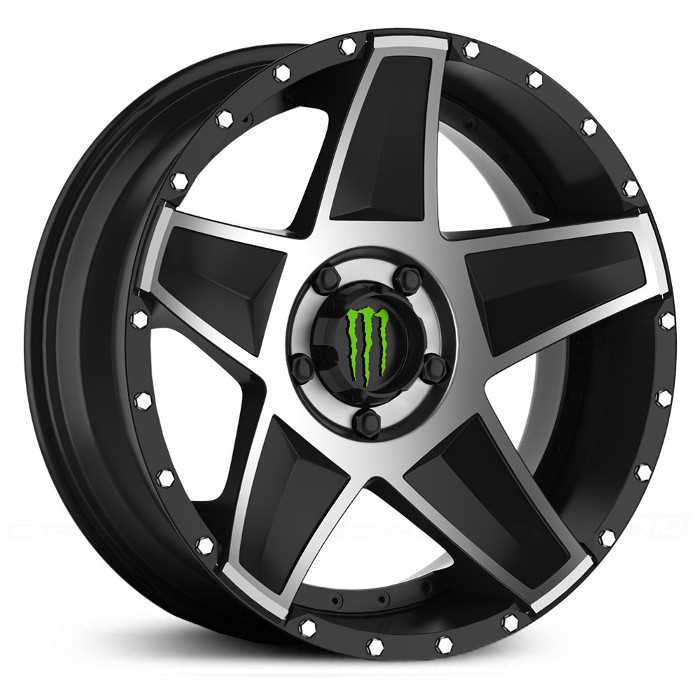 22X9.5 Monster Energy 648MB Gloss Black w/ Mirror Machined Accents & Green Cap and Chrome Lip-Edge Bolts MID