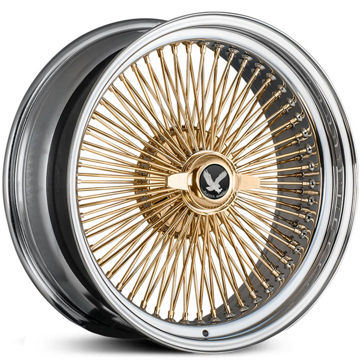 15x7 Player Warrior 100 Spoke Wire Gold Center Chrome Lip w/ Two Wing Cap RWD (STD)